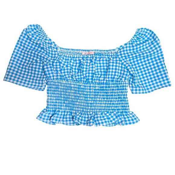 BCBGeneration Blue and White Ruffled Smocked Square Neck Crop Top Size Small - Picture 2 of 6